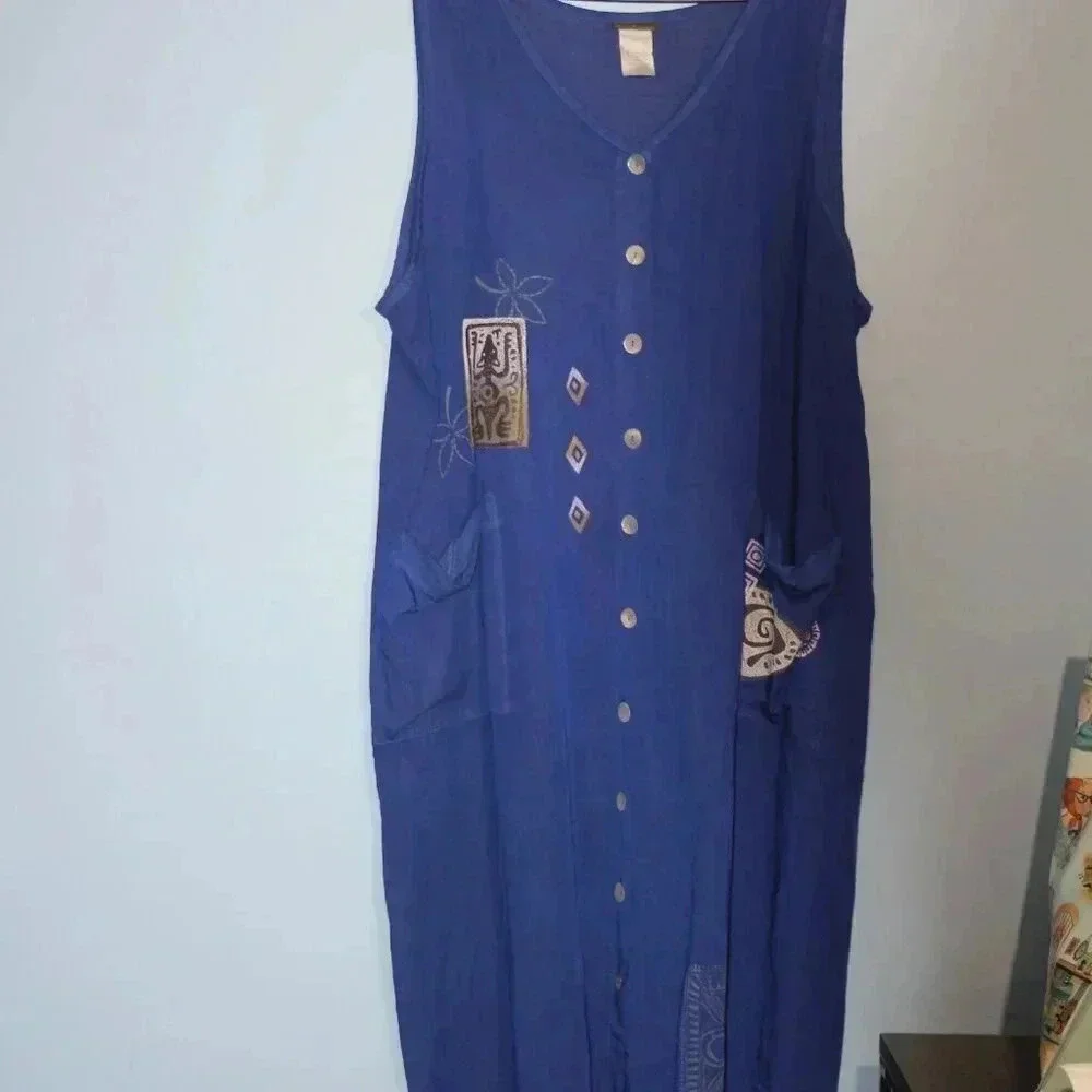 Blue Cactus Brand Sleeveless Hand Painted Vintage Blue Dress Made in the USA - Picture 6 of 14